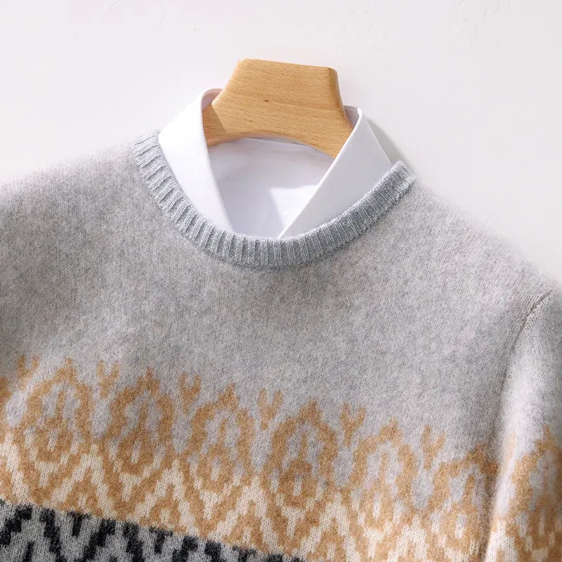 Color: Champagne, Size: XXL - 100% Pure Wool Pullover Sweater Men's Round Neck Knitted Sweater Autumn Winter Thick Warm Ethnic Style Men's Clothing