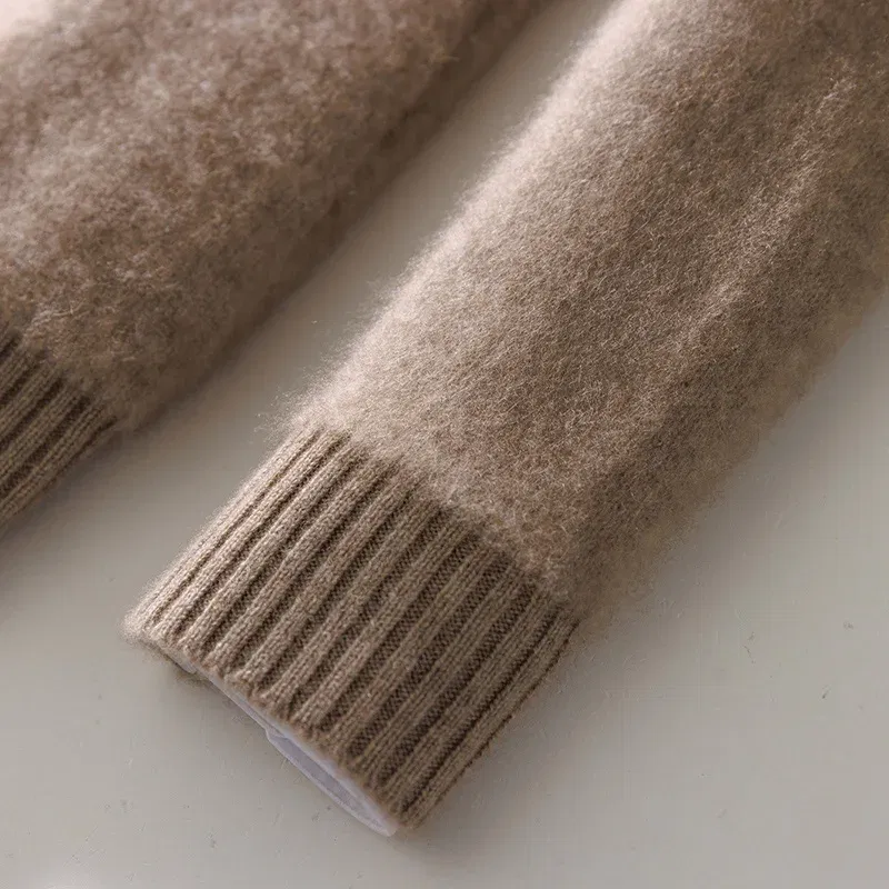 Color: Champagne, Size: XXL - 100% Pure Wool Pullover Sweater Men's Round Neck Knitted Sweater Autumn Winter Thick Warm Ethnic Style Men's Clothing