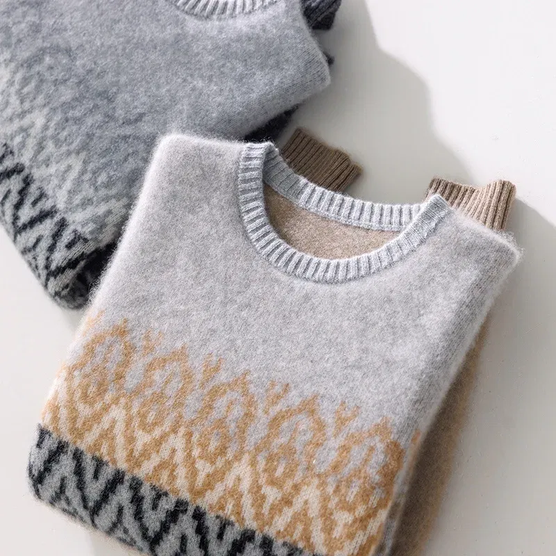 Color: Champagne, Size: XXL - 100% Pure Wool Pullover Sweater Men's Round Neck Knitted Sweater Autumn Winter Thick Warm Ethnic Style Men's Clothing