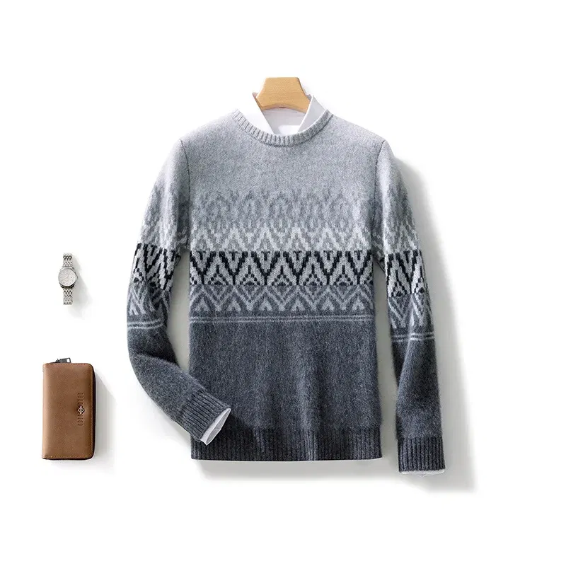 Color: Champagne, Size: XXL - 100% Pure Wool Pullover Sweater Men's Round Neck Knitted Sweater Autumn Winter Thick Warm Ethnic Style Men's Clothing