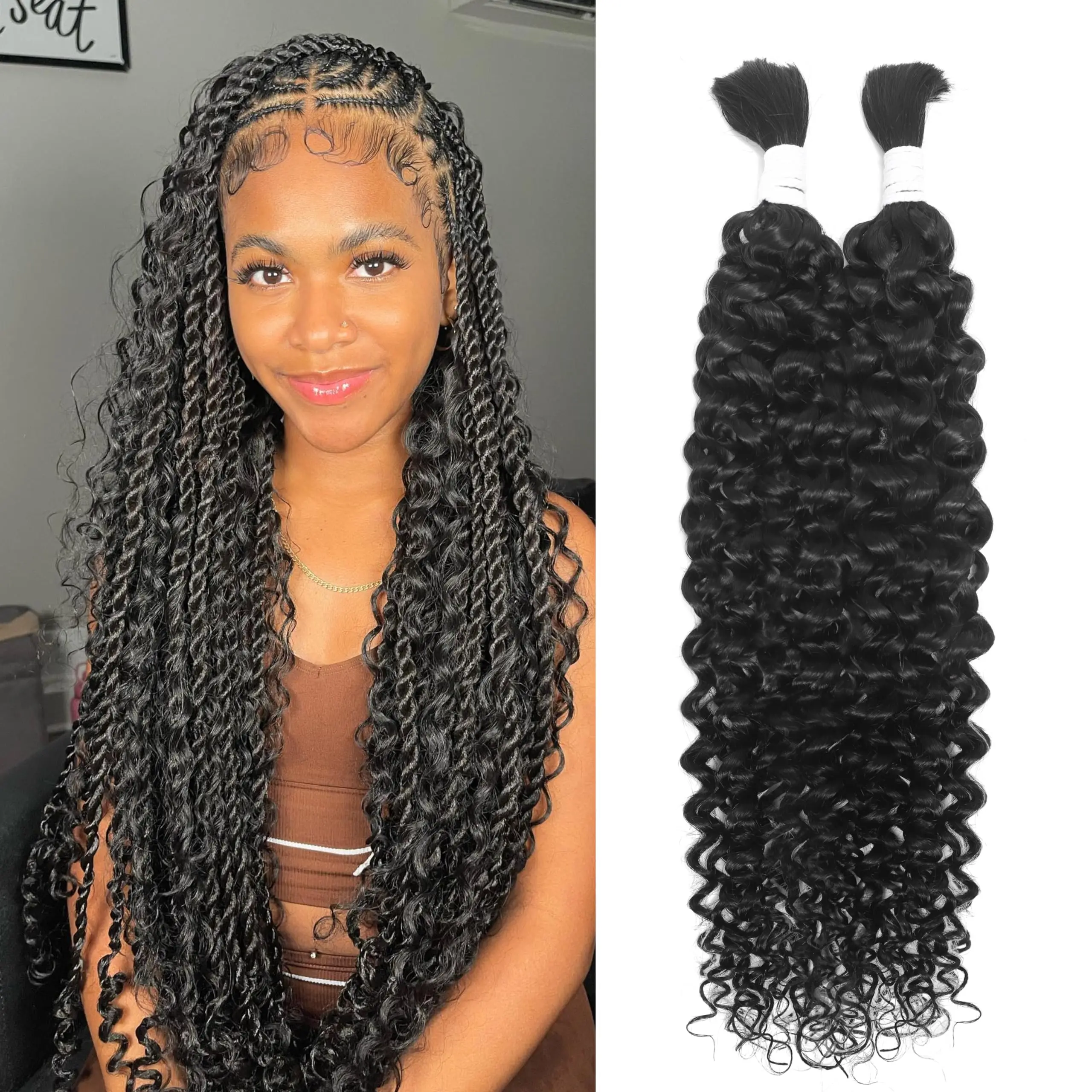 Color: Natural Color, Material Grade: virgin hair, Stretched Length: 26inches, Bulk Buy: 5pcs/lot - Bulk hair braiding Water Wave Bulk 18 inch human hair Boho braids with for knotless box or curly loose wave
