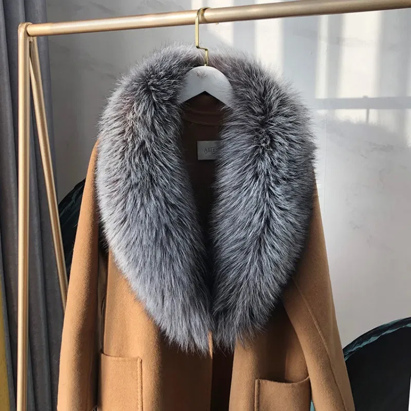 Color: Emerald Green, Size: L - 100% Natural Real Fox Fur Collar For Women Men Coat Jacket Fur Scarf Winter Extra Large Size Neck Warmer Fur Scarf Shawls Wraps