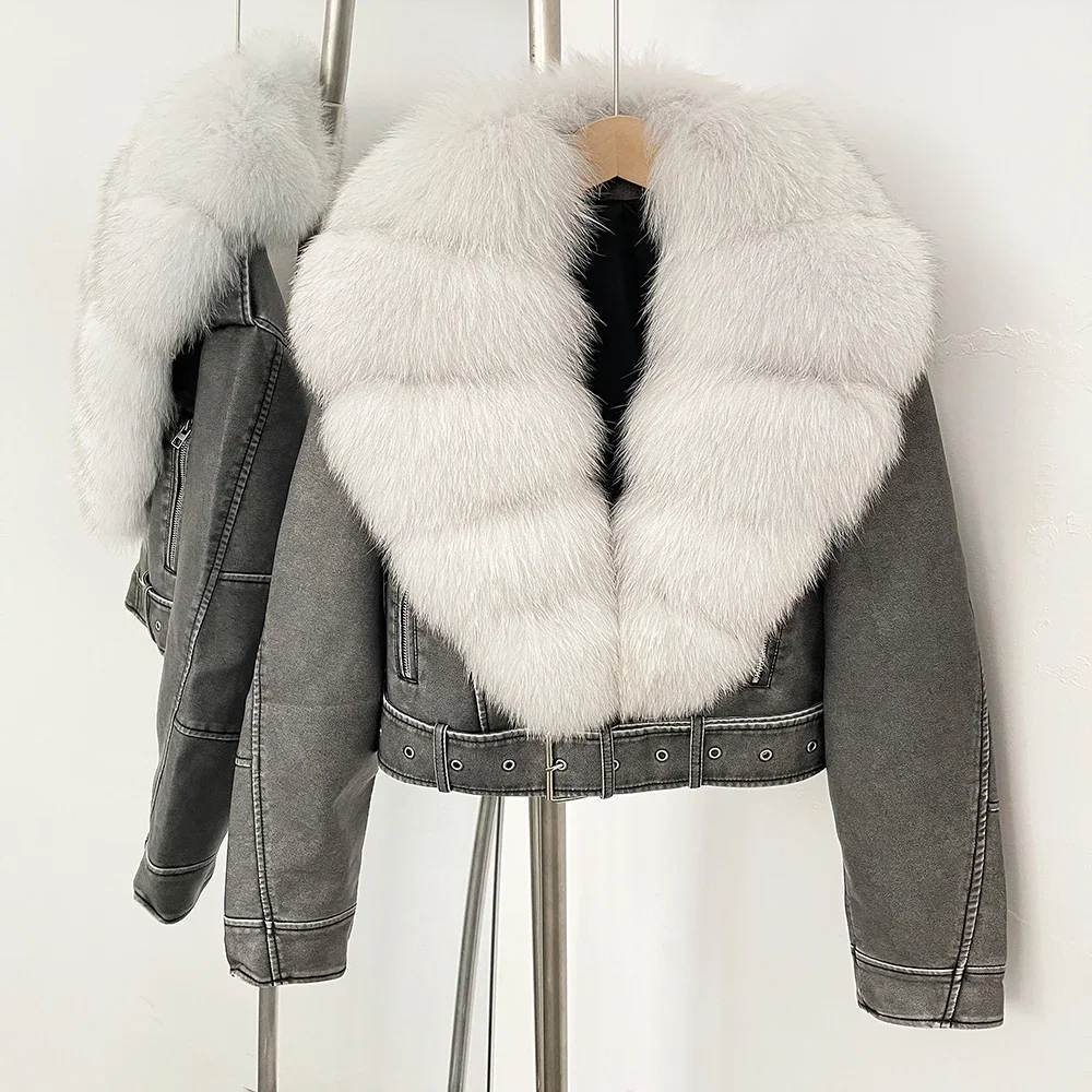 Color: Pink, Size: L - Fake Leather Coat New Natural Fox Fur Autumn Short Faux Leather Jacket Female Spring PU Women Long Sleeve Real Fur Coat Thin
