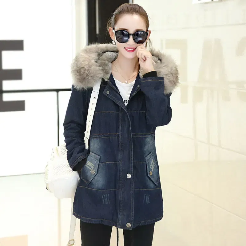 Color: Blue, Size: S - 2019 New Plus Velvet Padded Coat Women Winter Denim Jacket With Large Fur Collar Denim Jacket Hooded Warm Cotton Clothing f1911