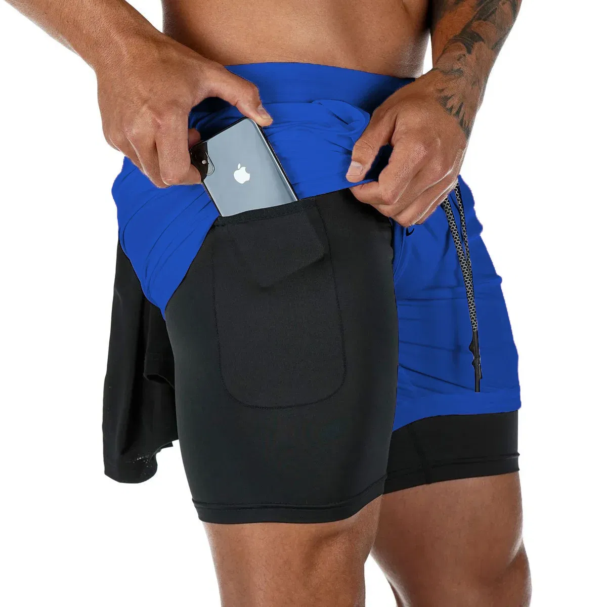 Color: Sky blue, Size: XXXL - Men's Double Layer Fitness Shorts Drawstring Mesh Lining Elastic Waist Breathable Quick Dry to Beach Pool Summer Male