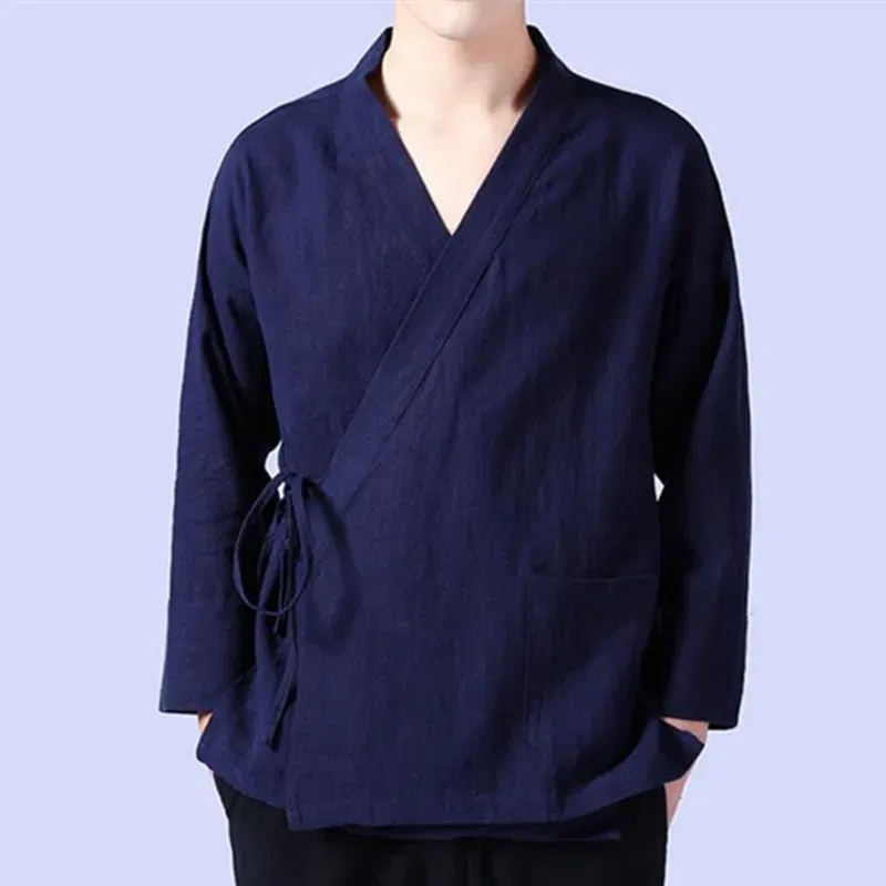 Color: Blue, Size: M - Plus Size M-6XL Pure Color Men's Tops 2024 New Cotton Linen Oblique Placket Long Sleeve Linen Hanfu chinese Clothing Kimono