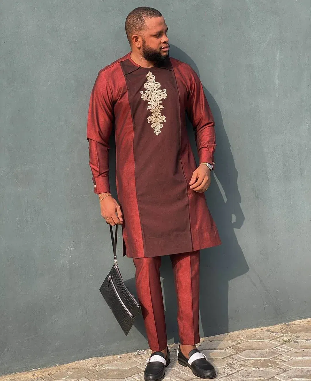Color: GRAY, Size: M - New Men's Tenos Wedding 2-Piece Suit Waist Pants Shirt Solid Color Panel Long Sleeve Party African Ethnic Style Clothing (M-4XL)