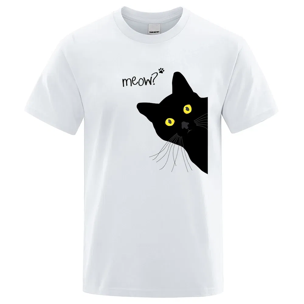 Color: army green, Size: XL - Meow Black Cat Funny Printing Men T-Shirts Breathable Tee Clothes Summer Streetwear Tops Oversized Loose Cotton Short Sleeve