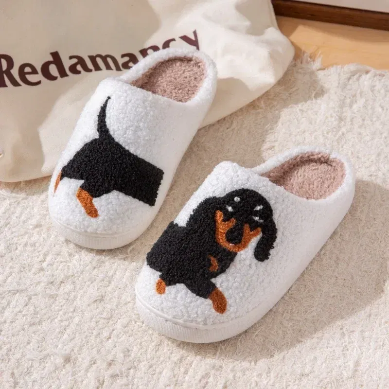 Color: Beige, Shoe Size: 40-41 - Pet Pattern Dachshund Embroidery Stuffed Home Thick Sole Plaid Furry Cotton Slippers Warm Non-slip Indoor Slippers Pet Mom Gift