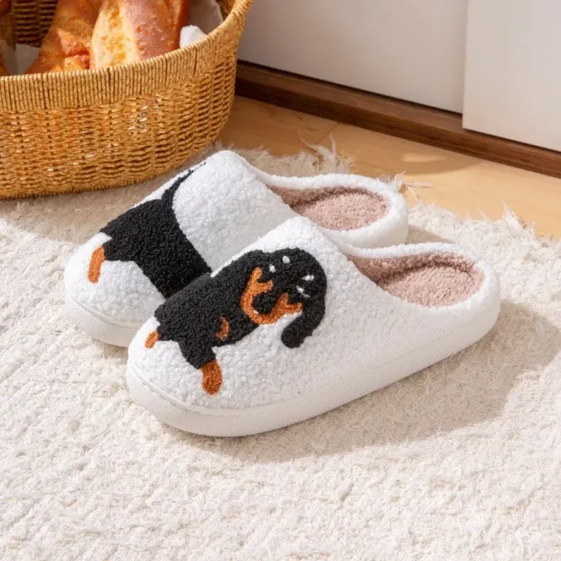 Color: Beige, Shoe Size: 40-41 - Pet Pattern Dachshund Embroidery Stuffed Home Thick Sole Plaid Furry Cotton Slippers Warm Non-slip Indoor Slippers Pet Mom Gift