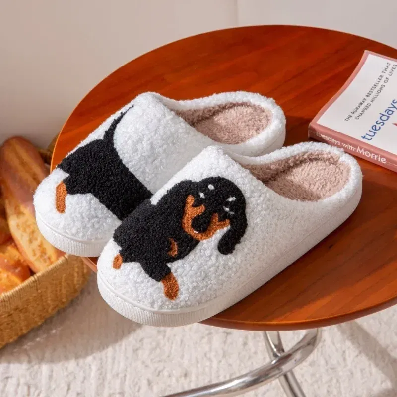 Color: Beige, Shoe Size: 40-41 - Pet Pattern Dachshund Embroidery Stuffed Home Thick Sole Plaid Furry Cotton Slippers Warm Non-slip Indoor Slippers Pet Mom Gift
