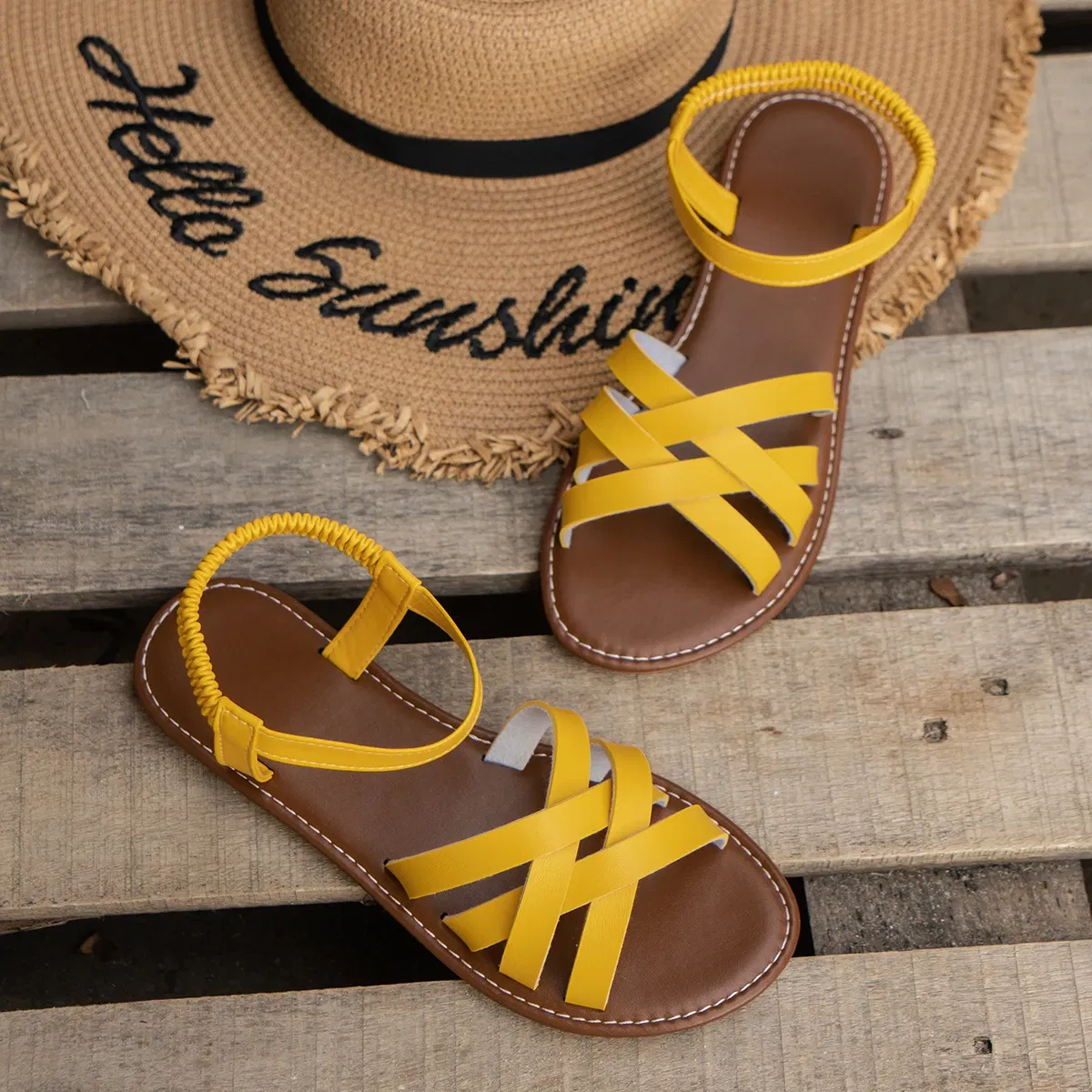 Color: Yellow, Shoe Size: 41 - Shoes for Women 2024 Summer New Women Flat Sandals Bottom Roman Strap Sandals with Non Slip Rubber Soles Ladies Daily Sandalia