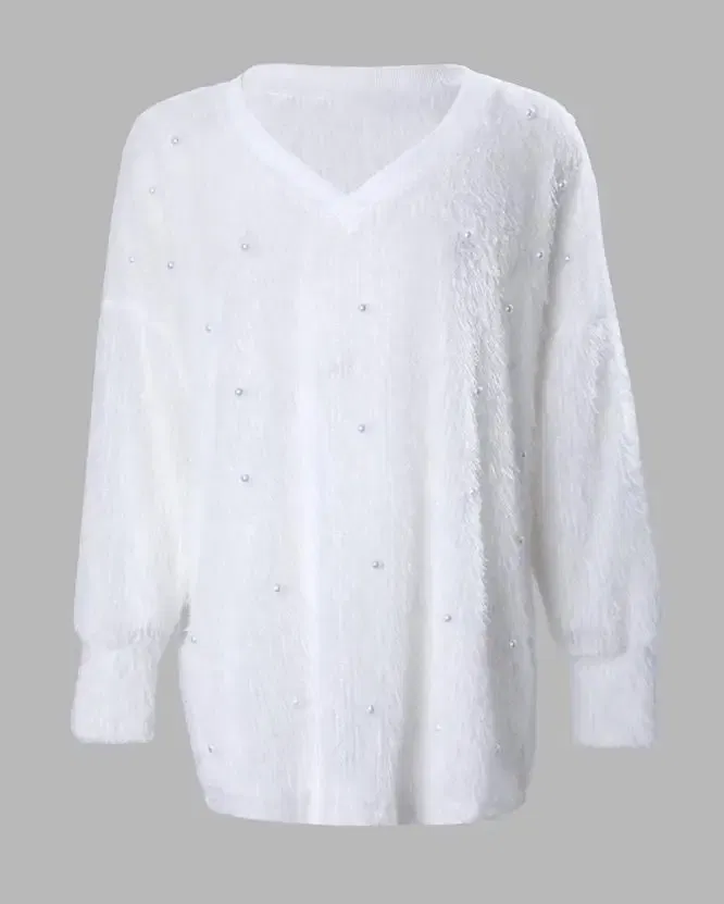 Color: SKY BLUE, Size: XXL - Korean Style Lazy Women's Sweater 2024 Autumn Ribbed Knitted Pullover V-Neck Pearl Long Sleeved Fluffy Top Women's Loose Sweater