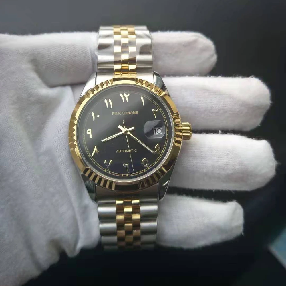 Color: Red - Luxury Steel Arabic Numbers Watches Automatic Movement Urdu Numerals Mechanical Wristwatch Men Waterproof Erkek Saatleri