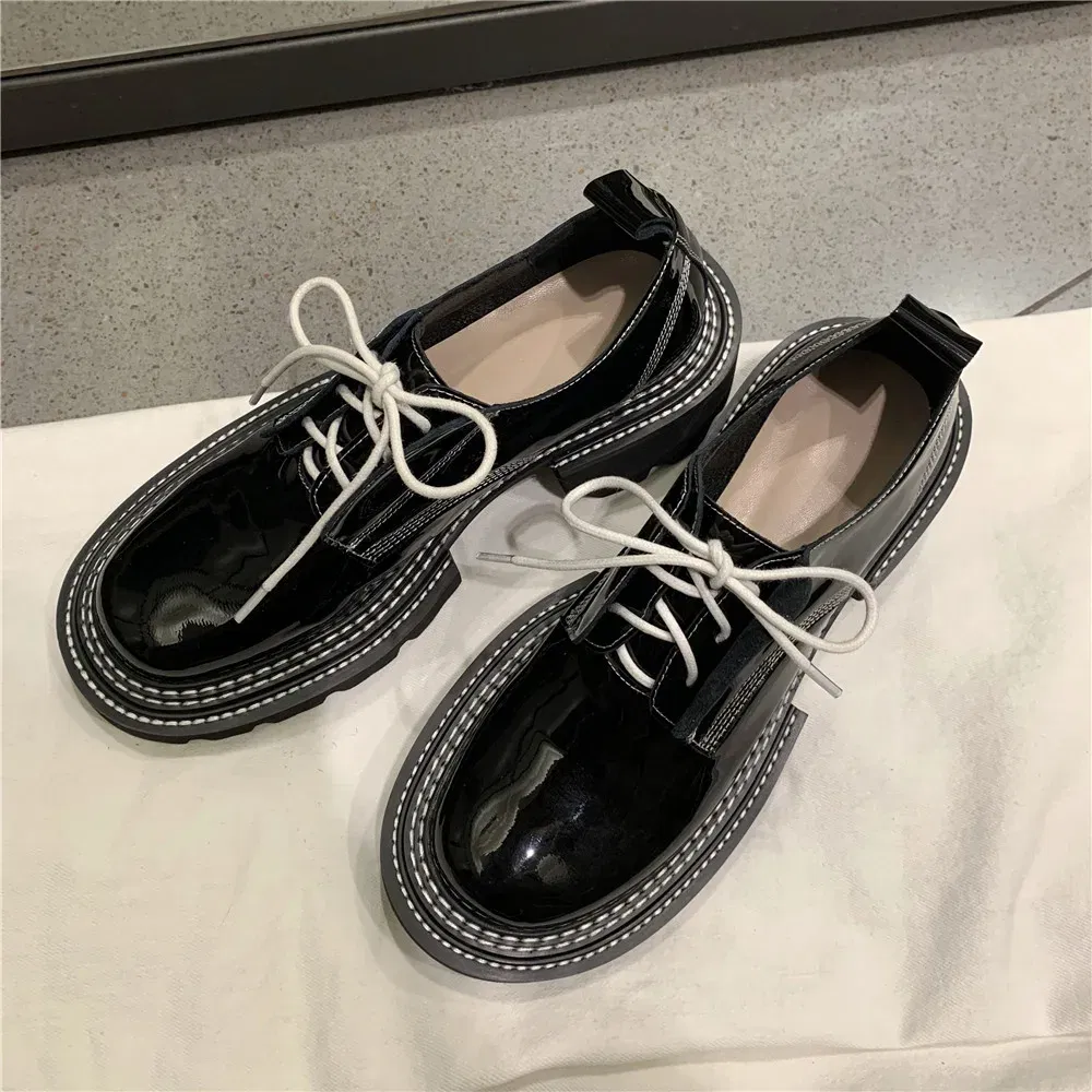 Color: Beige, Shoe Size: 9 - MILI-MIYA New Arrival Thick Heels Women Cow Patent Leather Pumps Lace Up Round Toe Fashion Street Casual Shoes Size 34-42