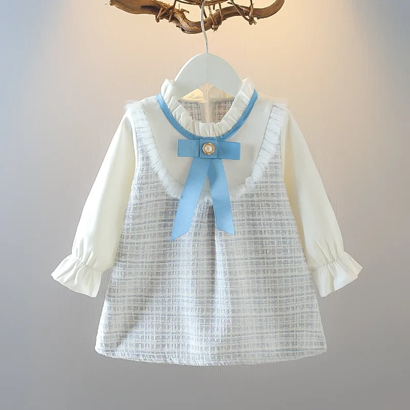 Color: Blue, Kid Size: 24M - Spring and Autumn New Baby Girl Long Sleeve Dress Fake Two Small Checkered Children's Clothes (0-3 Years Old)