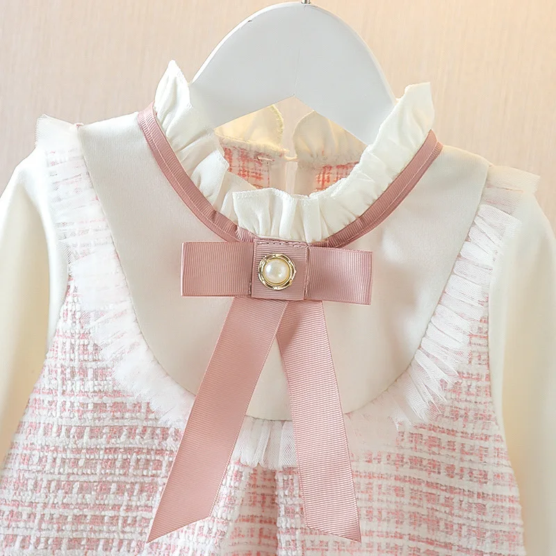 Color: Blue, Kid Size: 24M - Spring and Autumn New Baby Girl Long Sleeve Dress Fake Two Small Checkered Children's Clothes (0-3 Years Old)