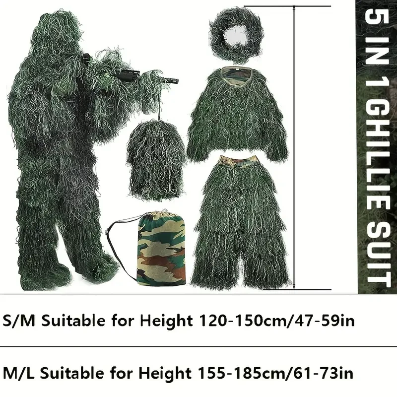 5-in-1 Ghillie Suit - Ultimate Camo for Hunting, CS, Bird Watching & Costumes