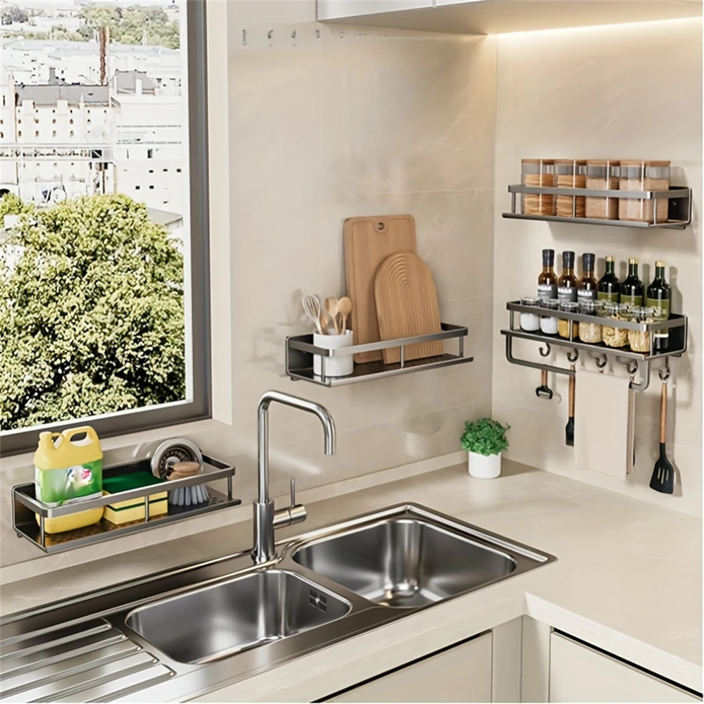 Color: Brown - Multifunctional Kitchen and Bath Tray Wall-Mounted Aluminum Storage Rack Seasoning Bottle Storage Shelf Kitchen Storage Hooks