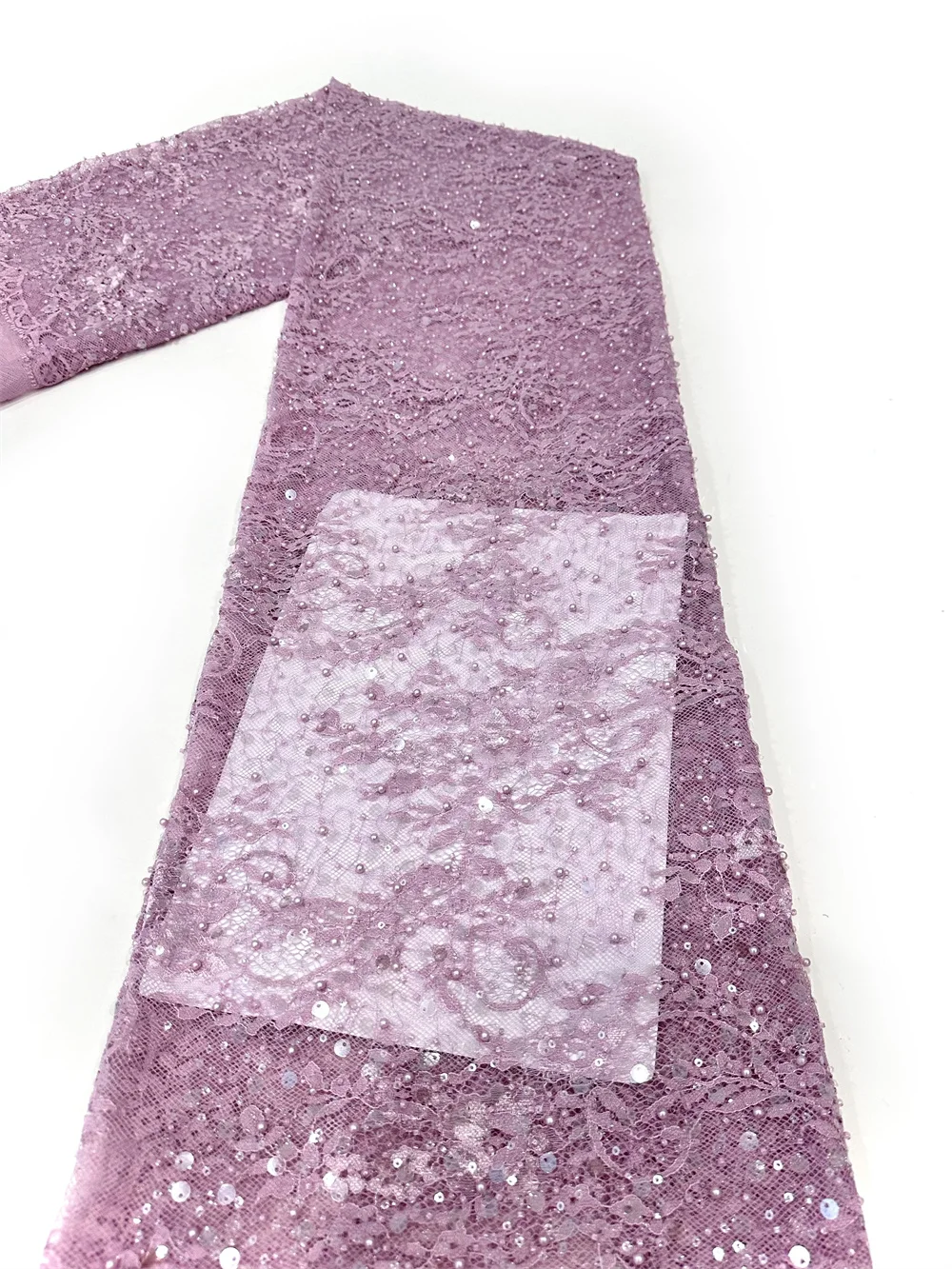 Color: Lavender, Width: 120cm, Length: 5 yards - Luxury French Mesh Beads Lace Fabric 2025 High Quality African Sequins Mesh Lace Fabrics For Nigerian Women Wedding Dress Sewing