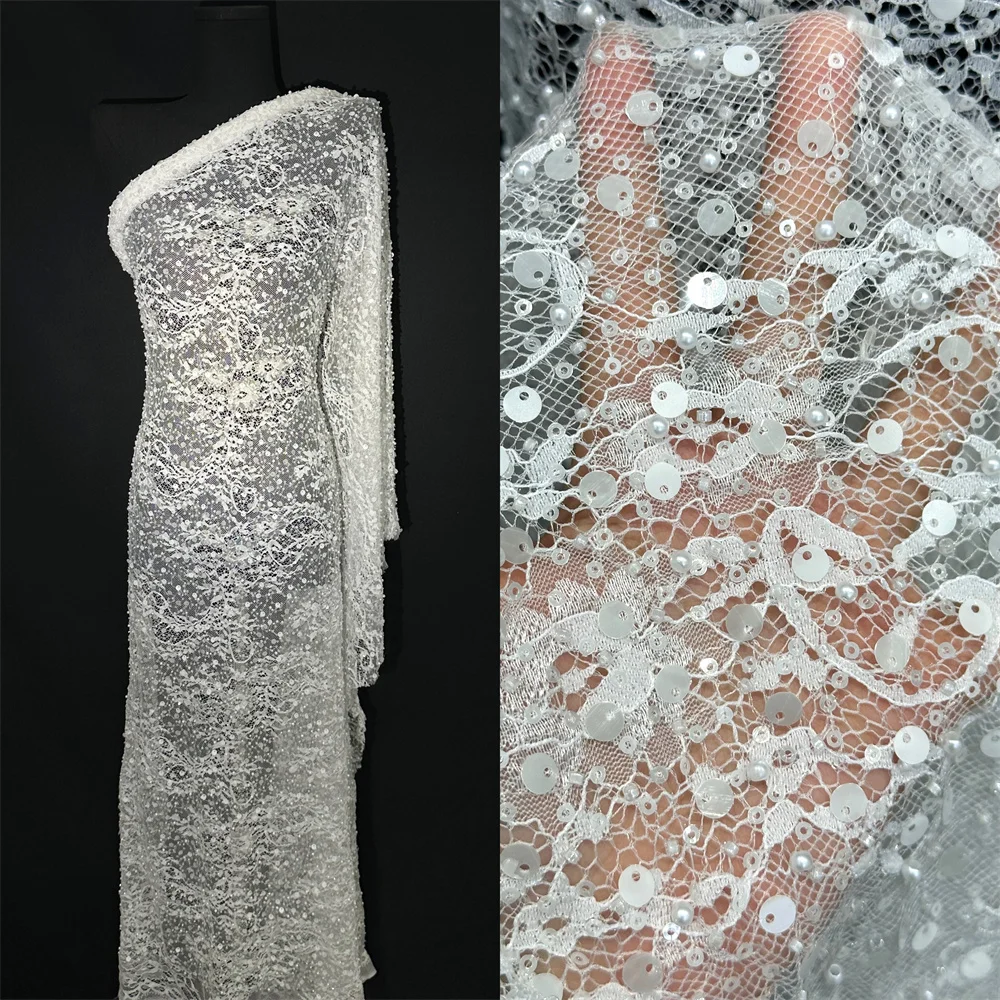 Color: Lavender, Width: 120cm, Length: 5 yards - Luxury French Mesh Beads Lace Fabric 2025 High Quality African Sequins Mesh Lace Fabrics For Nigerian Women Wedding Dress Sewing