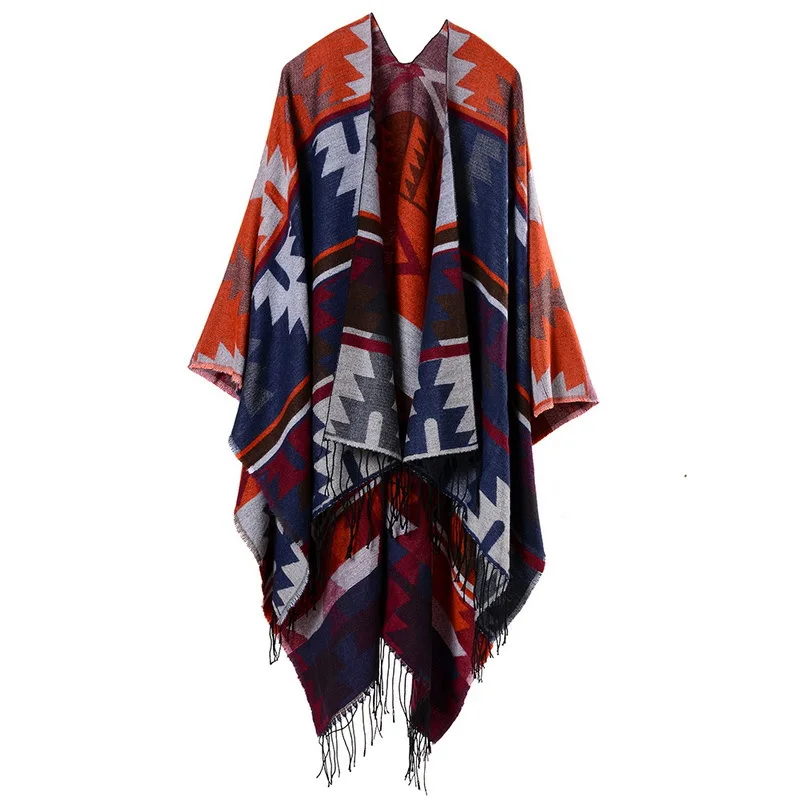 Color: green, Size: One Size, Ships From: CHINA - European American Popular Tassel Thickened Cashmere Like National Style Travel Fork Shawl Scarf in autumn Ponchos Capes