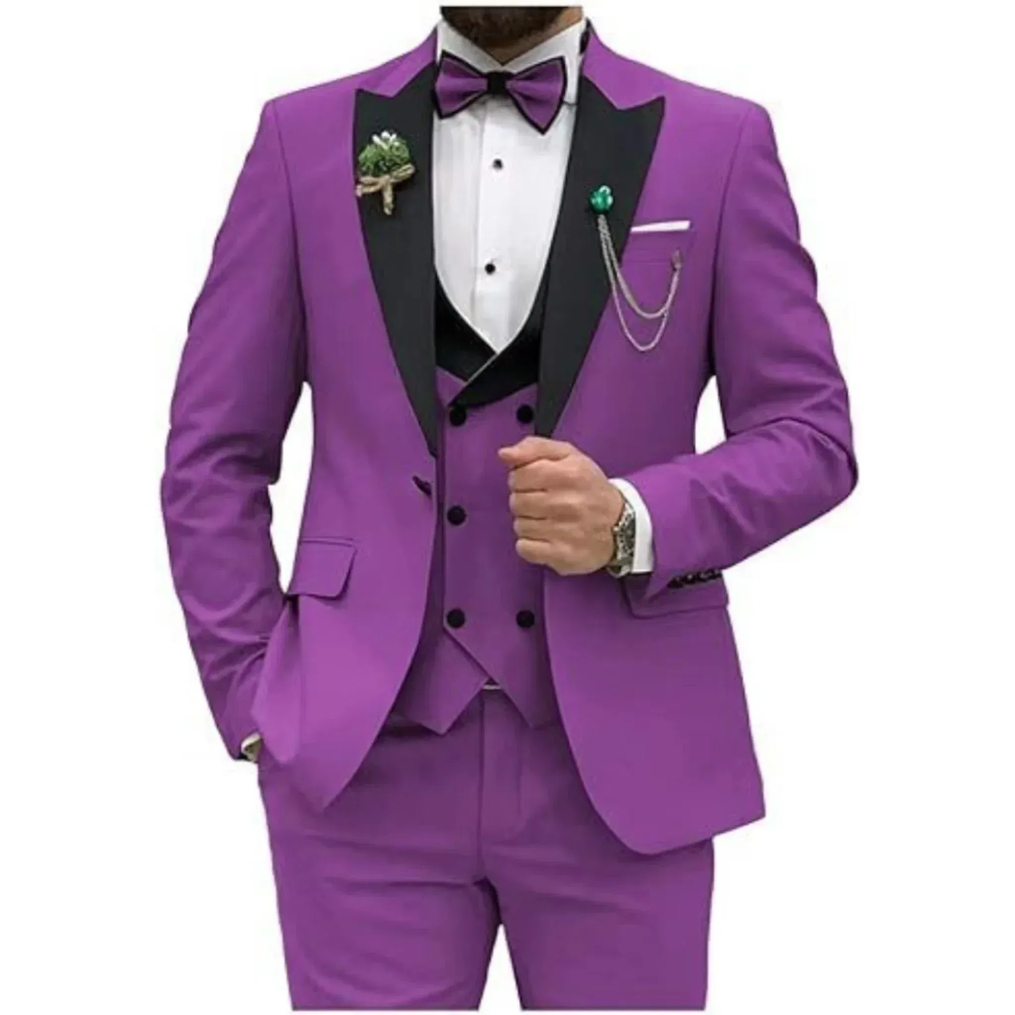 Color: PURPLE, Size: 4XL - Men Suit Colorful Luxury Blazer Vest And Pant Sets 3 Piece Birthday Dress Business Prom Evening Party Costumes High Quality