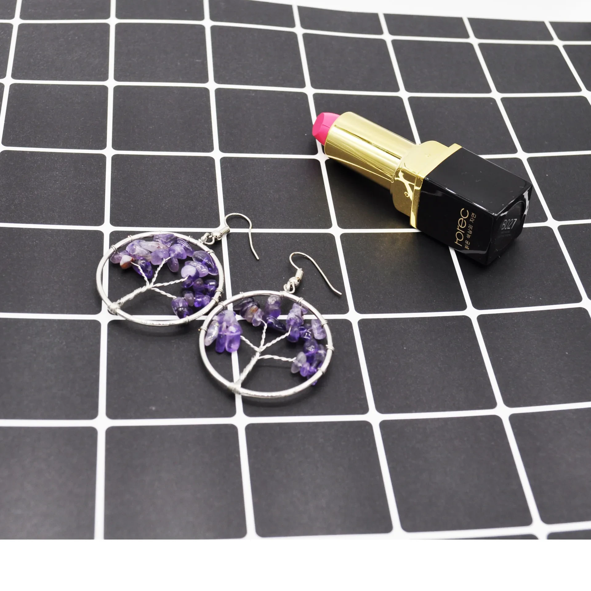 Natural Crystal Crushed Stone Tree Wishing Tree Earrings Crystal Tree Earrings Jewelry