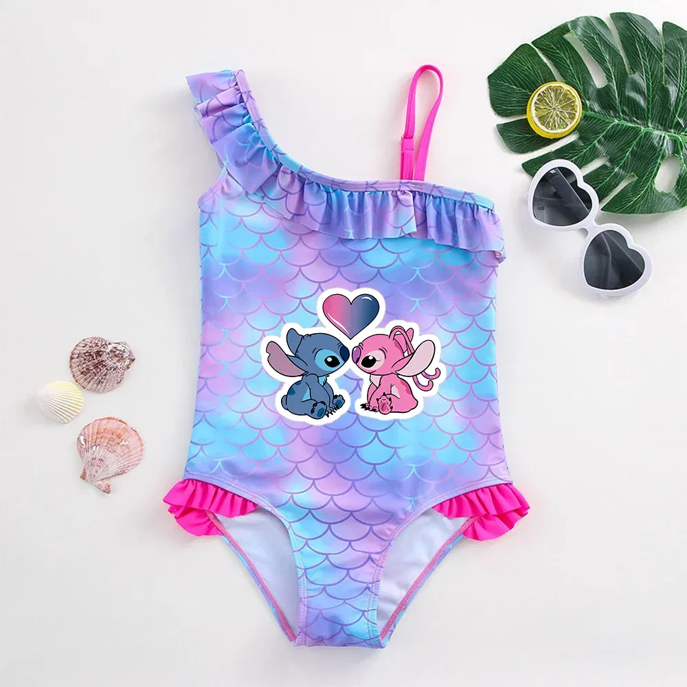 Color: Red, Size: XL - Stitch Girls Swimsuit Fashion Mermaid Fish Scale One-Piece Bathing Suits Children's Dresses Summer Swimwear Beach Suit Kids Wear