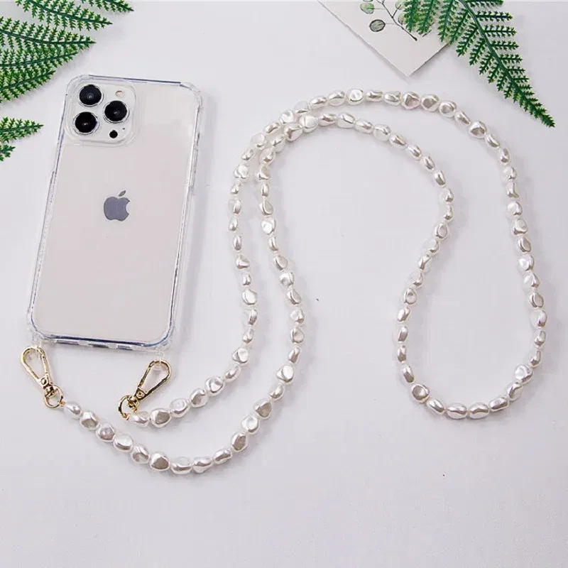 Color: Blue, Bundle: Case & Strap, Material: plastic - DIY Luxury Pearl Chain Crossbody Strap Shockproof Acrylic Lanyard Phone Case for iPhone 14 13 12 PRO 15 Pro Max X XS 12 MINI