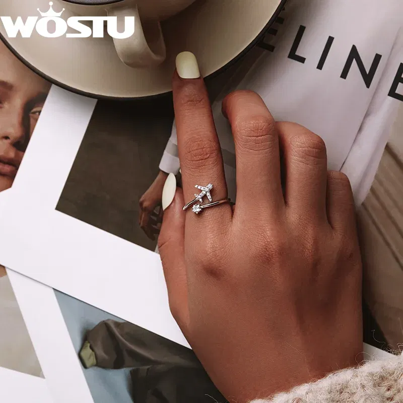 Gem Color: Blue, Ships From: CHINA - WOSTU Real 925 Sterling Silver Open Ring Finger Adjustable Size Wedding Rings For Women Engagement Fashion Silver Jewelry Gift
