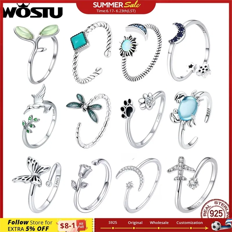 Gem Color: Blue, Ships From: CHINA - WOSTU Real 925 Sterling Silver Open Ring Finger Adjustable Size Wedding Rings For Women Engagement Fashion Silver Jewelry Gift