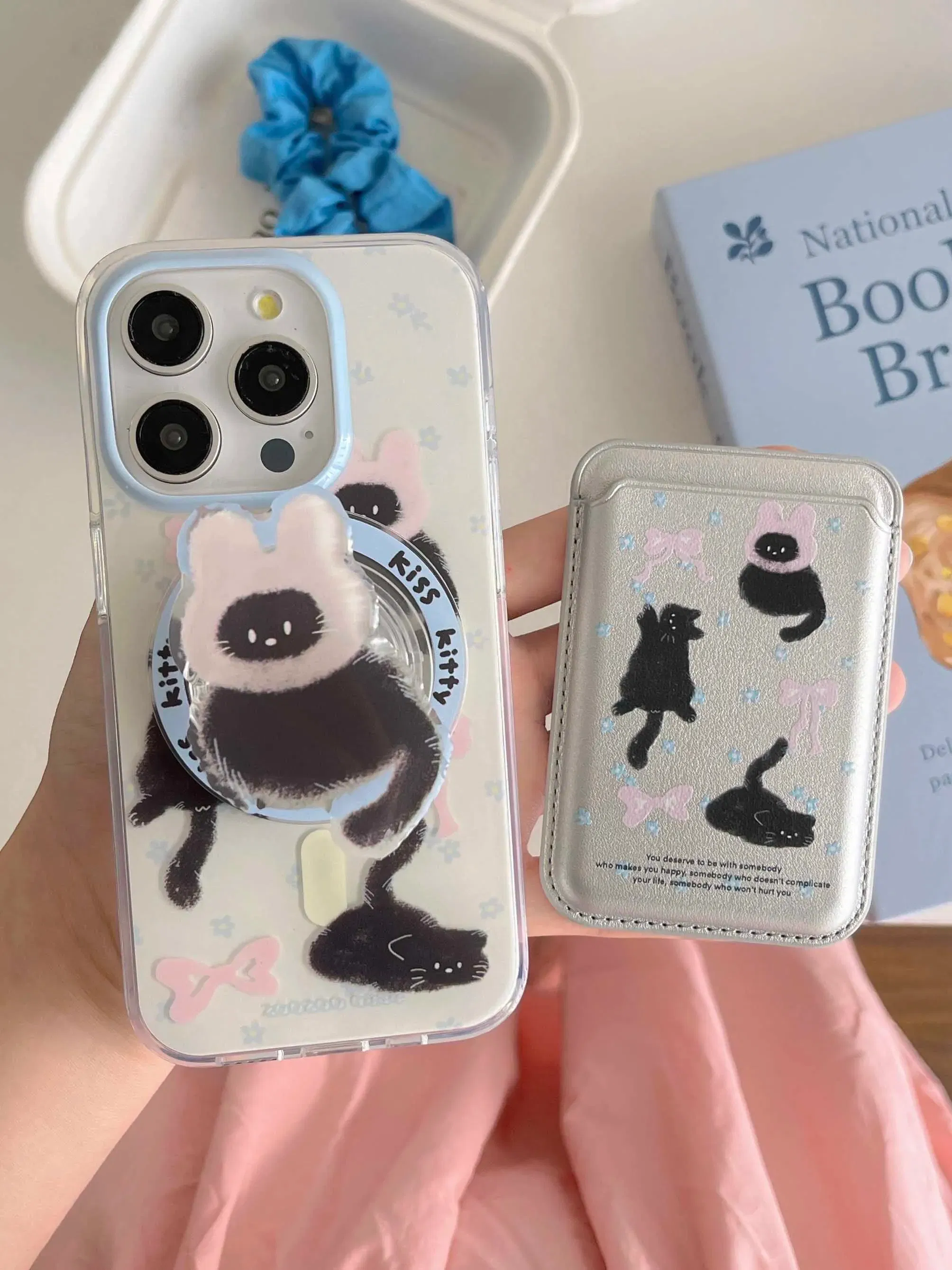 Color: black, Material: Wood - Cute Black Cat, Pink Bow, Blue Flower Magnetic Card Holder Phone Case for IPhone 13 14 15 Pro Max 13Pro 16ProMax 14Pro 15Pro 12