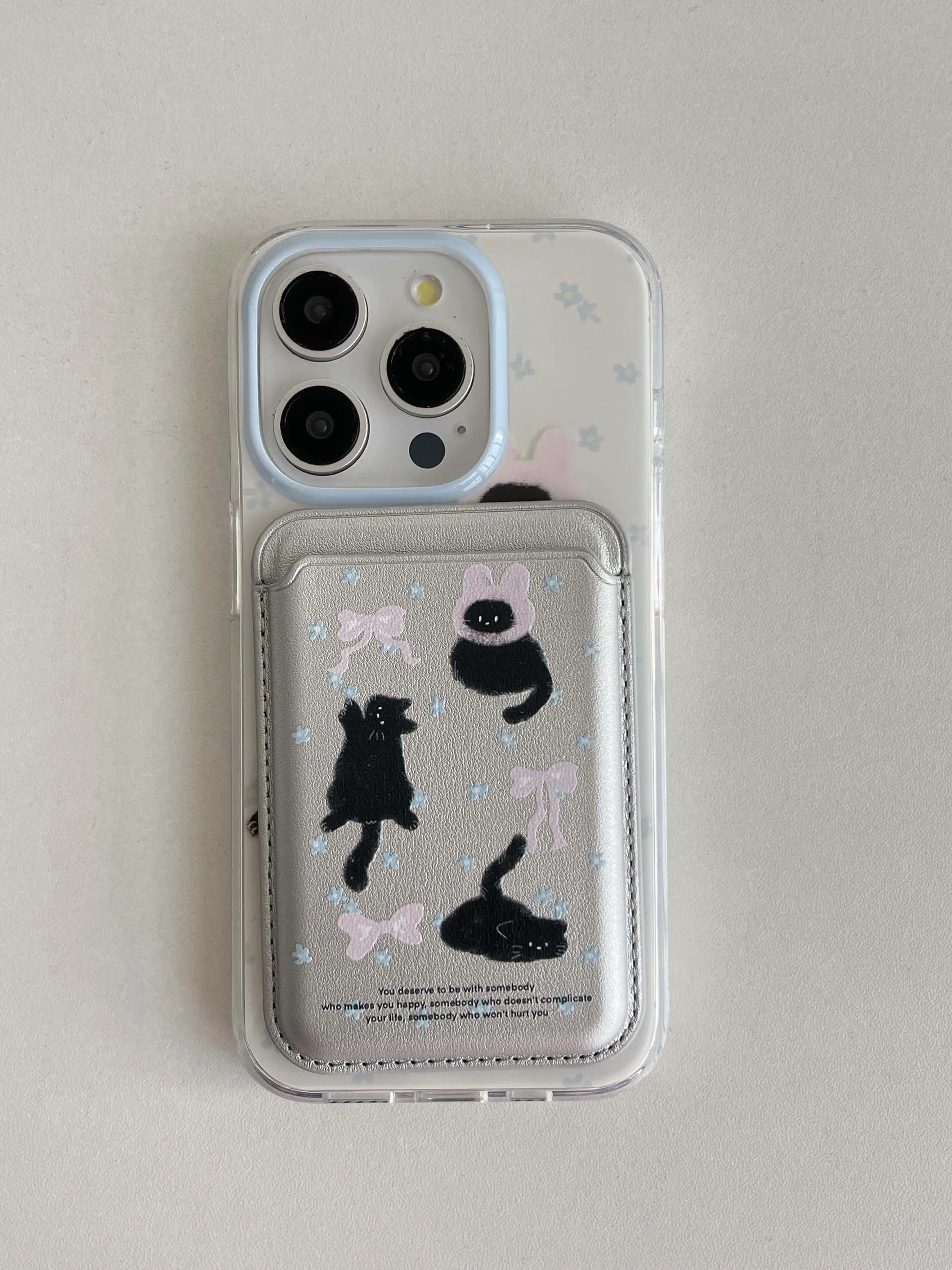 Color: black, Material: Wood - Cute Black Cat, Pink Bow, Blue Flower Magnetic Card Holder Phone Case for IPhone 13 14 15 Pro Max 13Pro 16ProMax 14Pro 15Pro 12