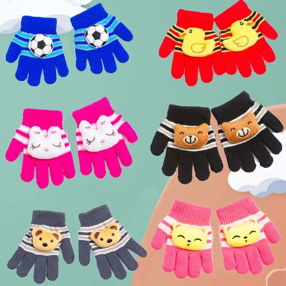Color: Green - Windproof Comfortable Warm Children Outdoor Sports Boys Knitting Mittens Kids Mittens Printed Stripe Full Finger Gloves