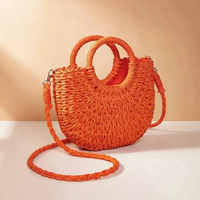 Color: army green - Handwoven Straw Rattan Half-Moon Beach Handbag Large Capacity Women Summer Hollow Out Crossbody Shoulder Bag