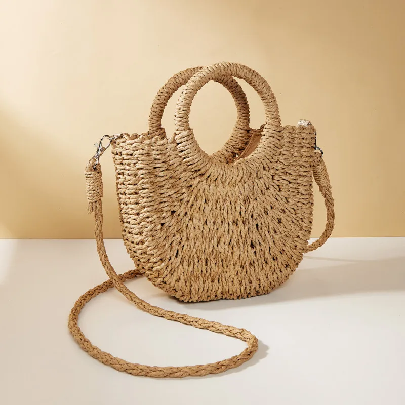 Color: army green - Handwoven Straw Rattan Half-Moon Beach Handbag Large Capacity Women Summer Hollow Out Crossbody Shoulder Bag