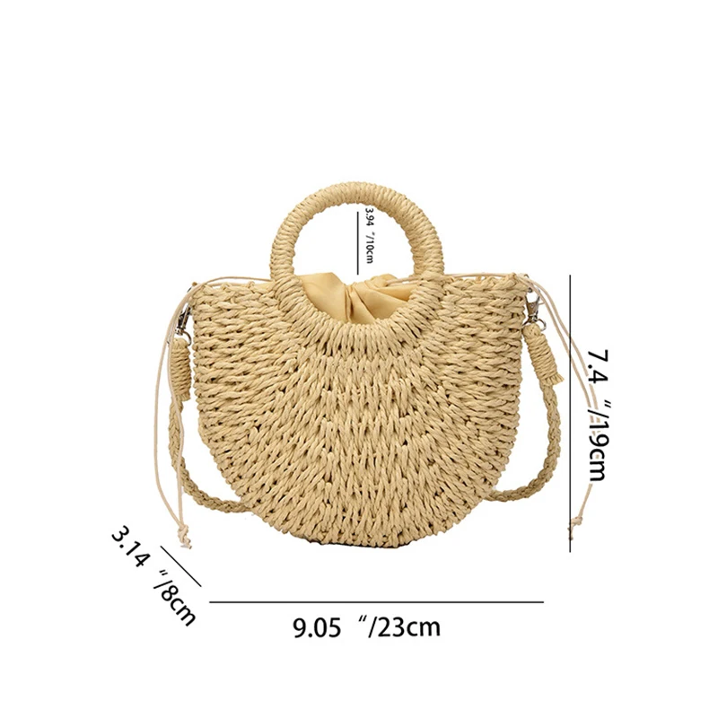 Color: army green - Handwoven Straw Rattan Half-Moon Beach Handbag Large Capacity Women Summer Hollow Out Crossbody Shoulder Bag