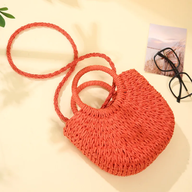 Color: army green - Handwoven Straw Rattan Half-Moon Beach Handbag Large Capacity Women Summer Hollow Out Crossbody Shoulder Bag