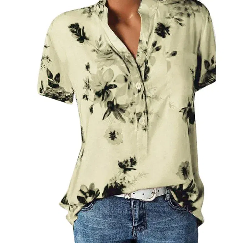 Color: Khaki, Size: 5XL - Temperament new women's shirt printing large size casual shirt loose V-neck short-sleeved shirt blouse