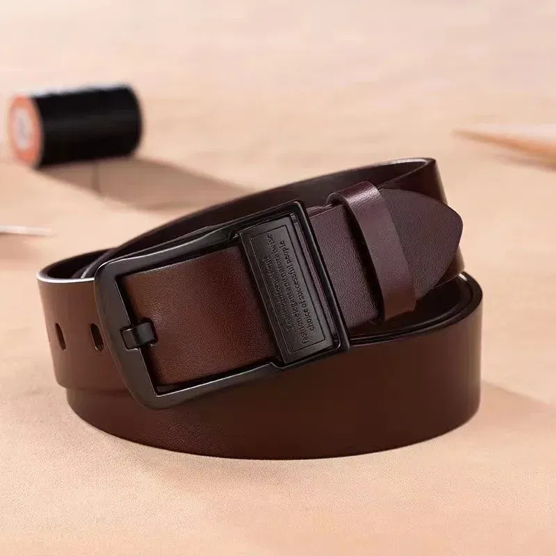 Color: green, Belt Length: 120cm - New Leather Cowhide Men's Belt Fashion Metal Alloy Pin Buckle Adult Luxury Brand Jeans Business Casual Waist Male Strap Brand