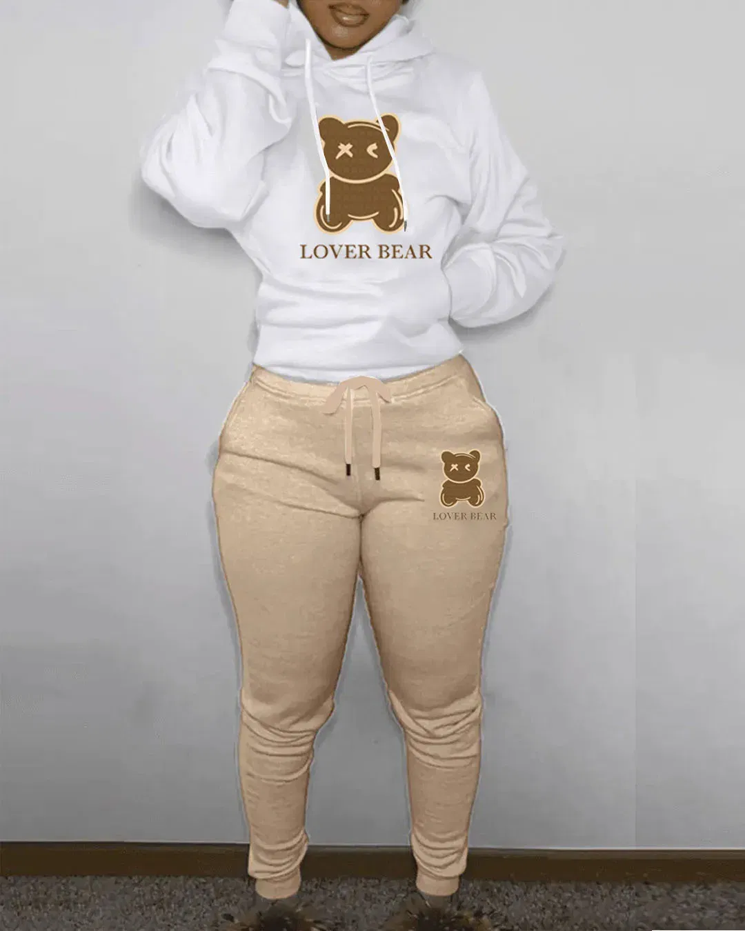Color: Gold, Size: M - 2 Piece Set Women Outfit Letter Bear Print Hooded Neck Hoodies Sweatshirt Pants Tracksuit 2024 Plus Size Streetwear Casual Suit