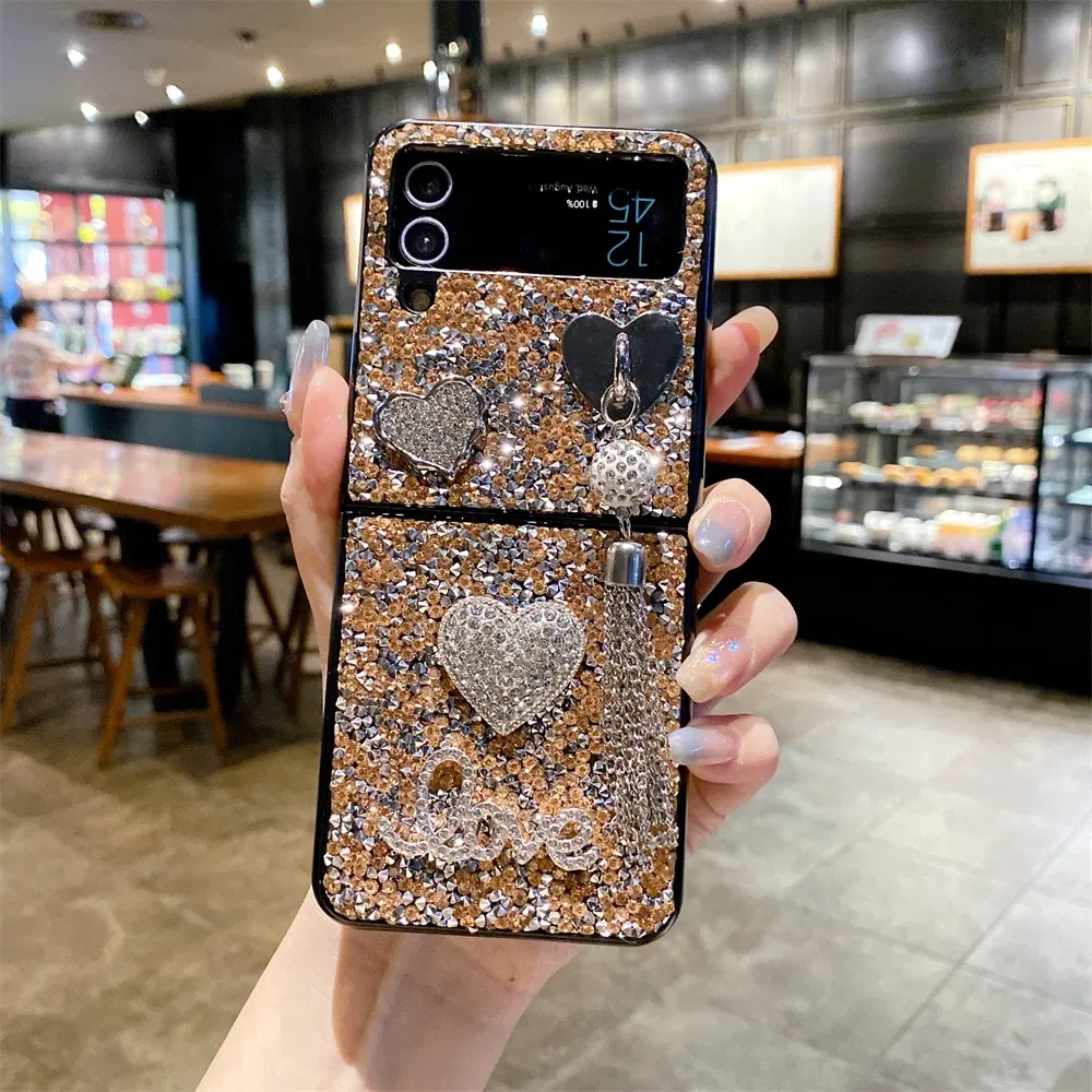 Color: Khaki, Material: Aluminum - Luxury Heart Diamond Tassel Phone Case for Samsung Galaxy Z Flip5 Case Z Flip4 Cover Z Flip3 Capa Z Flip 5 4 3 Cover 5G