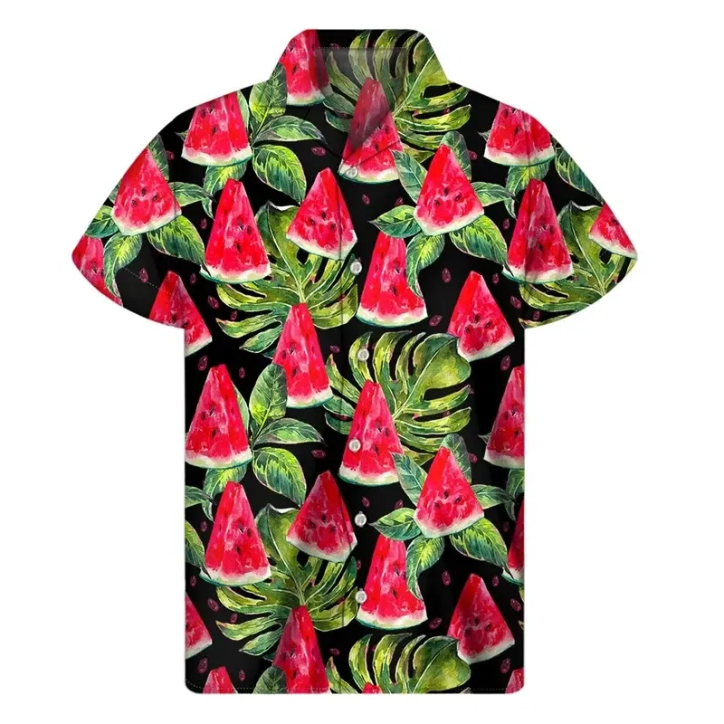 Color: Brown, Size: L - Tropical Watermelon Graphic Hawaiian Shirt Summer Street Short Sleeves 3d Printed Fruits Button Shirts Men Clothes Lapel Blouse