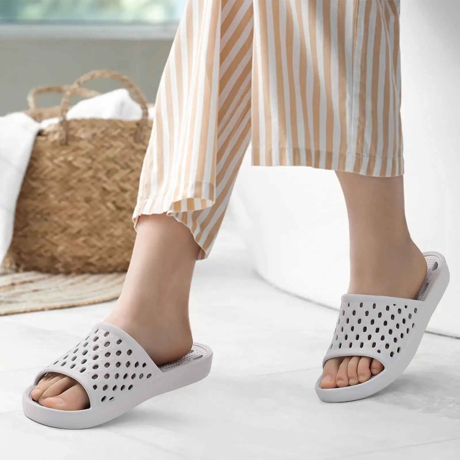 Color: Olivine, Shoe Size: 40 - Pallene Summer New Shower Shoes For Women Quick Dry Pool Sandals With Drain Holes Bathroom Slides Lightweight EVA Home Slippers