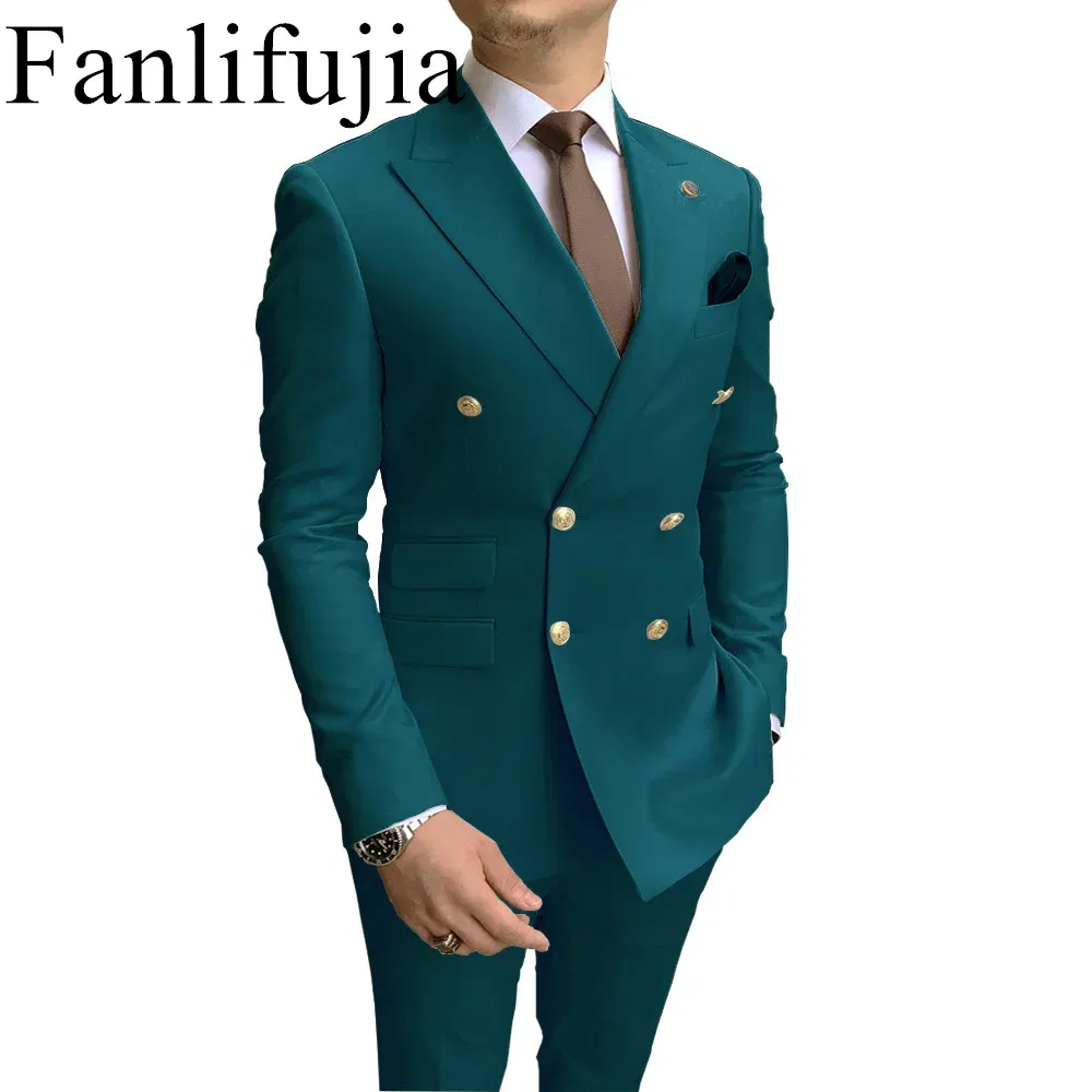 Color: Turquoise, Size: XXL - Fanlifujia Store 2024 Casual Sky Blue Men Suits Double Brested Peak Lapel Gold Button Groom Wedding Tuxedos Best Costume Homme
