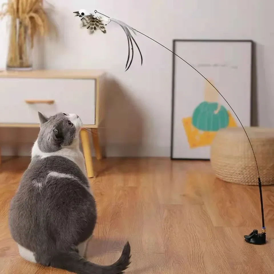 Color: GRAY, Ships From: CHINA - Simulation Bird Interactive Funny Cat Stick Toy Furry Feather Bird With Bell Sucker Cat Stick Toy Kitten Playing Pet Accessories