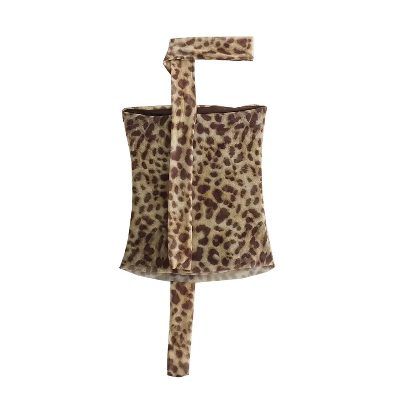 Color: Brown, Size: S - TRAF 2024 Woman Off Shoulder Tulle Crop Top Women Ruched Leopard Print Sexy Tube Tops Summer Sleeveless Backless Bandeau Top