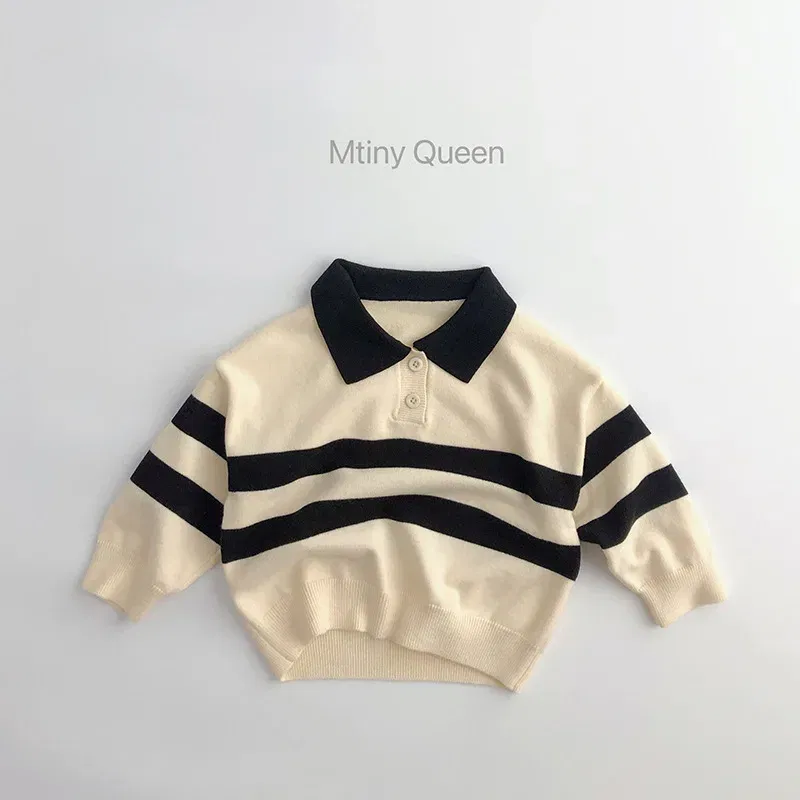 Color: Beige, Kid Size: 2T - 2025 Autumn New Children Long Sleeve Striped Sweater Cotton Boys Knitted Shirts Cute Baby Casual Knit Sweater Kids Clothes