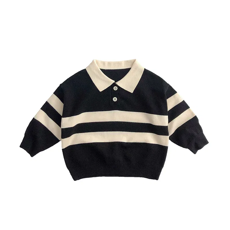 Color: Beige, Kid Size: 2T - 2025 Autumn New Children Long Sleeve Striped Sweater Cotton Boys Knitted Shirts Cute Baby Casual Knit Sweater Kids Clothes